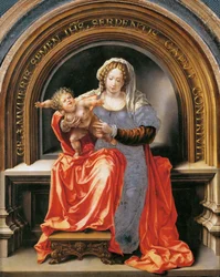 Panna a dítě - Jan Gossaert (Gossart, dit Mabuse) (asi 1478-1532). Olej na dřevě, cca 1526-1527. Rozměr: 30,6 x 24,5 cm. Uměleckohistorické muzeum, Vienne