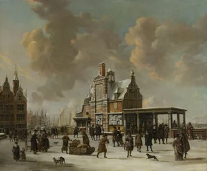 Paalhuis a Nieuwe Brug, Amsterdam, v zimě