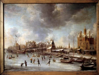 Zimní krajina. Bruslaři na zamrzlém jezeře. Obraz od Burstatena (1622-1666) 17. stol. Berlín, Státní muzeum