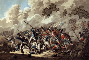 Porážka francouzské gardy Highlanders, La Haye Sainte, během bitvy u Waterloo, 1815 (barevná akvatinta)