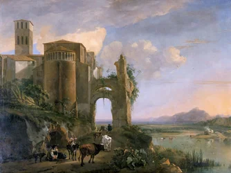 „Řeční krajina s kostelem SS Giovanni e Paolo, Řím“, cca 1630-1652