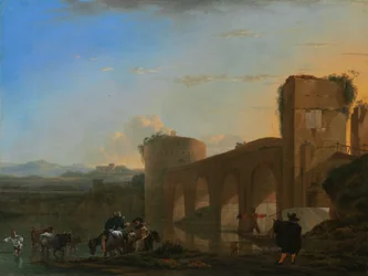Řeka Tiber s mostem Ponte Molle při západu slunce, asi 1650 (olej na plátně)