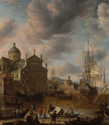 Středomořský přístavní capriccio s postavami rozmlouvajícími na nábřeží a v pozadí zakotvenou nizozemskou třístěžňovou lodí, 1665