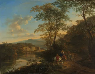 Italská krajina s mostem Ponte Lucano přes řeku Aniene, asi 1650-1652 (olej na mědi)
