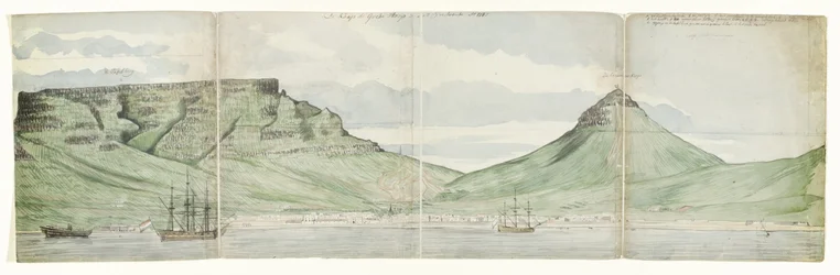 Stolová hora a Kapské město při pohledu z moře Mys Dobré naděje, jak se zdálo Ao. 1787 (název na objektu)