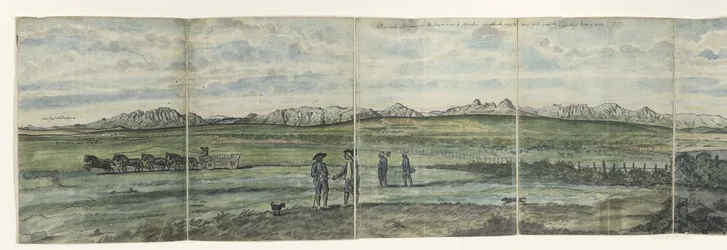 Panorama Hotentots Holandska Kaapsche Bergen od mysu na sever táhnoucí se od Baay fals po Tygerberg napříč. 1787 (název na objektu)