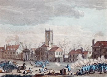 Bitva před Eglise de la Chapelle v Paříži. mezi strážci bariér Fermiers Generaux a revolucionáři dne 24. ledna 1791, kolem roku 1795