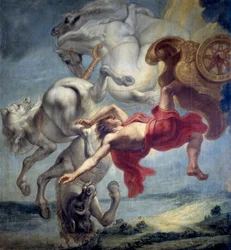 Phaethónův pád: Phaethón, neschopen ovládat Héliův vůz, je zasažen Diovým bleskem a padá do řeky Eridanos - Obraz Jana Carela van Eycka (1649-kolem 1690), olej na plátně, konec 17. století, rozměry: 197x18