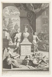 Busta Huga de Groota vychvalovaná Victorií Život a podnikání pana Huiga de Groota (název na předmětu) Titulní strana pro: Caspar Brandt a Adriaan van Cattenburg, Historie života pana Huiga de Groota, 1727