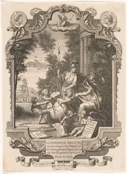Kartuše s alegorií dějin Řecka Titulní strana pro: Kornelis Westerbaen, Algemeene histori, 1742