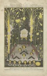 Ohňostroj odstartoval 15. října 1745 na svátek Marie Terezie na objednávku Anthoni de Groot Vyobrazení ohňostroje, Anthoni de Groot, Courantier van Hague, XV. října MDCCXLV o prvním incidentu Naamdag van Haare