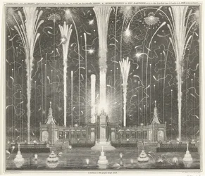 Ohňostroj v Haagu za mír v Cáchách, 1749 Zobrazení ohňostroje, odpáleného v Haagu, 13. června 1749, použitý den Aakensche Vreede / Representation du feu d