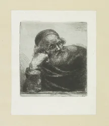 Starý muž se opíral o pravou paži The Compleat Work of Etchings od Johna Chalona / Oeuvre Complette des Eaux Fortes od Jeana Chalona (název série)