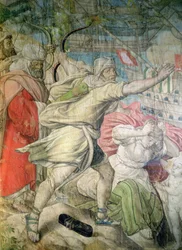 Tažení Karla V. proti Turkům, detail lučištníka z filmu Dobytí La Goletty, 1535 (uhel a čb na papíře)