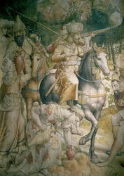 Tažení císaře Karla V. proti Turkům u Tunisu v roce 1535: porážka Turků v bitvě u Goletty, detail jezdců hasících žízeň, karikatura na gobelínový uhel a wc