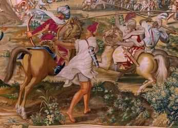 Vlámský gobelín. Seriál Dobytí Tunisu. Útok na La Goleta (Ataque a la Goleta). Čtvrtá tapisérie v sérii. Model Jan Vermeyen a Pieter Coecke van Aelst. 1543-1548. Výroba Real Fábrica de Tapices de Santa Bárbara, Madrid
