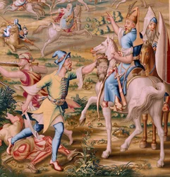 Vlámský gobelín. Seriál Dobytí Tunisu. Útok na La Goleta (Ataque a la Goleta). Čtvrtá tapisérie v sérii. Model Jan Vermeyen a Pieter Coecke van Aelst. 1543-1548. Výroba Real Fábrica de Tapices de Santa Bárbara, Madrid