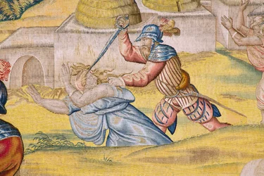 Vlámský gobelín. Seriál Dobytí Tunisu: Dobytí Tunisu. Karikaturista Jan Cornelisz Vermeyen. Studio Willem de Pannemaker, Brusel. Cca 1545. Detail.