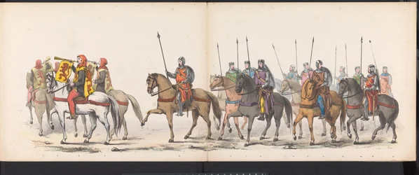Maškaráda studentů z Leidenu, 1865 (deska 1) Kostýmovaný průvod členů leidenského studentského sboru 6. června 1865 na oslavu 290. výročí Leidsche Hoogeschool, zobrazující: vstup Nizozemců v r.