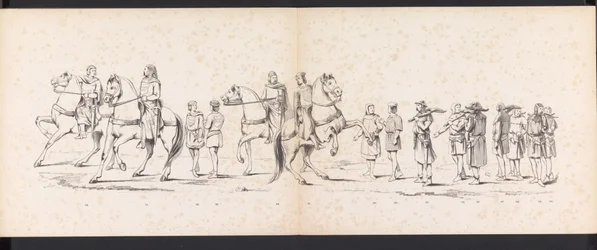 Maškaráda leidenských studentů, 1865 (deska 10) Krojovaný průvod členů leidenského studentského sboru 6. června 1865 na oslavu 290. výročí Leidsche Hoogeschool, zobrazující: vstup Holanďanů b