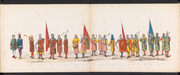Maškaráda leidenských studentů, 1865 (deska 13) Krojovaný průvod členů leidenského studentského sboru 6. června 1865 na oslavu 290. výročí Leidsche Hoogeschool, zobrazující: vstup Holanďanů b