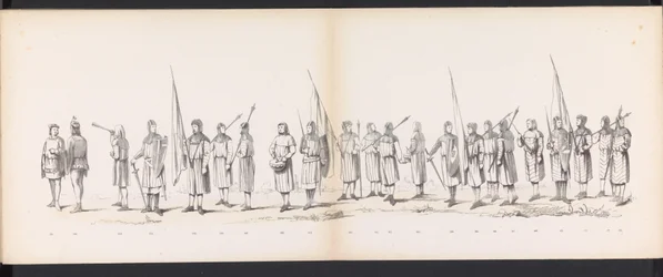 Maškaráda leidenských studentů, 1865 (deska 13) Krojovaný průvod členů leidenského studentského sboru 6. června 1865 na oslavu 290. výročí Leidsche Hoogeschool, zobrazující: vstup Holanďanů b