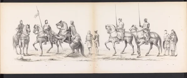 Maškaráda leidenských studentů, 1865 (deska 14) Krojovaný průvod členů leidenského studentského sboru 6. června 1865 na oslavu 290. výročí Leidsche Hoogeschool, zobrazující: vstup Holanďanů b