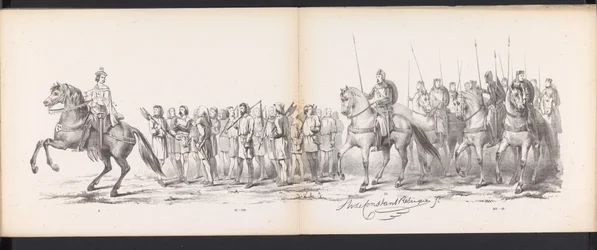 Maškaráda leidenských studentů, 1865 (deska 15) Krojovaný průvod členů leidenského studentského sboru 6. června 1865 na oslavu 290. výročí Leidsche Hoogeschool, zobrazující: vstup Holanďanů b