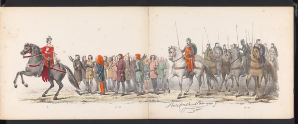 Maškaráda leidenských studentů, 1865 (deska 15) Krojovaný průvod členů leidenského studentského sboru 6. června 1865 na oslavu 290. výročí Leidsche Hoogeschool, zobrazující: vstup Holanďanů b
