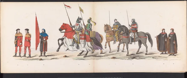 Maškaráda leidenských studentů, 1865 (deska 2) Kostýmovaný průvod členů leidenského studentského sboru 6. června 1865 na oslavu 290. výročí Leidsche Hoogeschool, zobrazující: vstup Nizozemců v r.