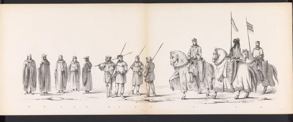 Maskerade van de Leidse studenten, 1865 (plaat 3) Gecostumeerde optogt gehouden door de leden van het Leidsche studenten-corps den 6den Junij 1865, ter viering van den 290sten verjaardag der Leidsche Hoogeschool, voorstellende: de intogt der Hollanders bi 