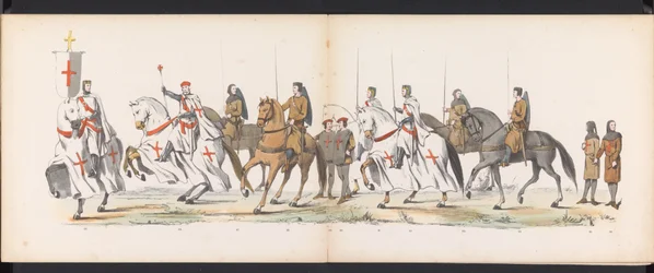 Maškaráda studentů z Leidenu, 1865 (deska 5) Kostýmovaný průvod členů leidenského studentského sboru 6. června 1865 na oslavu 290. výročí Leidsche Hoogeschool, zobrazující: vstup Nizozemců v r.