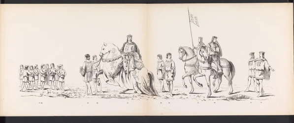 Maškaráda leidenských studentů, 1865 (deska 7) Kostýmovaný průvod členů leidenského studentského sboru 6. června 1865 na oslavu 290. výročí Leidsche Hoogeschool, zobrazující: vstup Nizozemců v