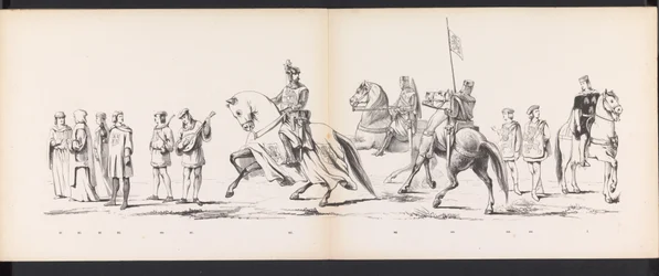 Maškaráda leidenských studentů, 1865 (deska 8) Kostýmovaný průvod členů leidenského studentského sboru 6. června 1865 na oslavu 290. výročí Leidsche Hoogeschool, zobrazující: vstup Nizozemců v r.