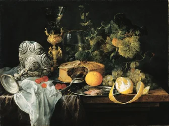 Německy: Nádherné zátiší s ovocem, koláčem a poháry Nádherné zátiší s ovocem, koláčem a poháry, 1651