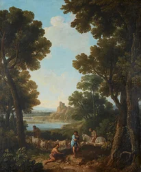 Klasická krajina s pastýři a jezdcem (olej na plátně)