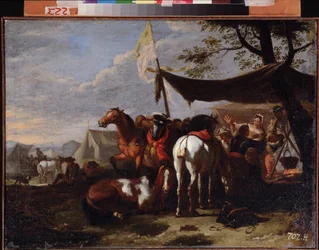 "Skupina jezdců v táboře"" (Kavalerský tábor) Obraz Jan Frans van Bloemen (1662-1749) Muzeum umění Dálného východu 18. století, Chabarovsk, Rusko