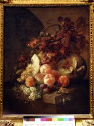 Zátiší s broskvemi. Obraz Jana Franse van Son (1658-1718). Olej na plátně, 77 x 64 cm