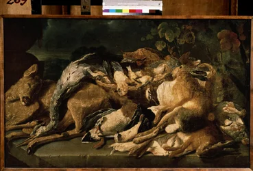 ""Zátiší se zvěří"" (Zátiší) Zajíc, laň, kachny. Obraz Jana (Johannese) Fyta (1611-1661) 1640 Puškinovo muzeum, Moskva