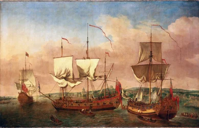Loď Peregrine a další královská plavidla u Greenwiche kolem roku 1710. Olej na plátně, kolem 1710-1715, autor Jan Griffier (1645-1718).