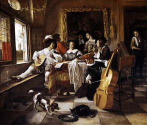 "" Rodinný koncert "" Scéna v holandském interiéru. Obraz Jana Steena (1626-1679) 1666 Chicago, Art Institute of Chicago