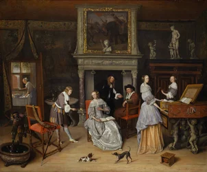 Fantasy Interior s Janem Steenem a rodinou Gerrita Schoutena, kolem 1659-60 (olej na plátně)