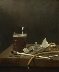 Zátiší se sklenicí piva, dýmkou, tabákem a dalšími potřebami ke kouření, 1658