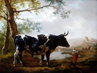 Prize Bull v zelené krajině (olej na panelu)