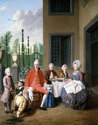 Skupinový portrét rodiny van den Bosch, stolování u House, a Topiary Garden Beyond, 1777