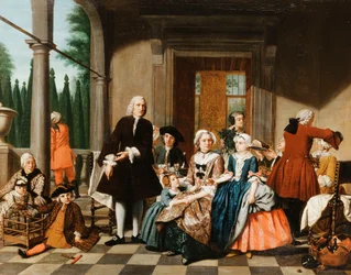 Portrét rodiny při stolování na Portico, formální zahradě za ním, 1747