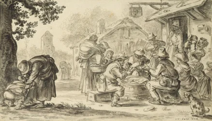 Karetní hra Farmers před hostincem, 1624 (tužka, pero, inkoust a štětec na papíře)