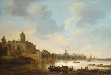 Město na břehu řeky, s přívozem, 1648