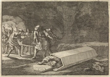 Pohřební sluhové v Římě vidí, že Antonio Marlini, kterého před několika dny pohřbili v trezoru, musel být zjevně mrtvý, 1696