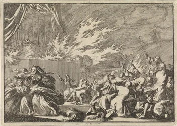 Požár dřevěné kůlny, ve které se vedle zámku Amelienborg v Kodani odehrává divadelní představení, 1689